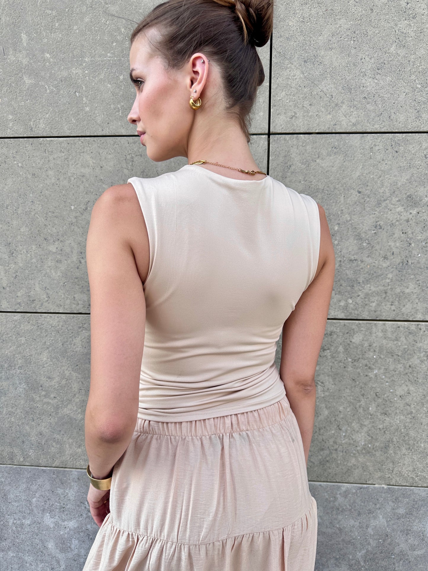 Draped Shoulder Tank In Beige