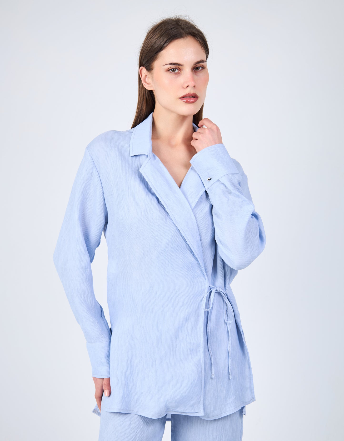 Waist Tie Loose Shacket In Baby Blue