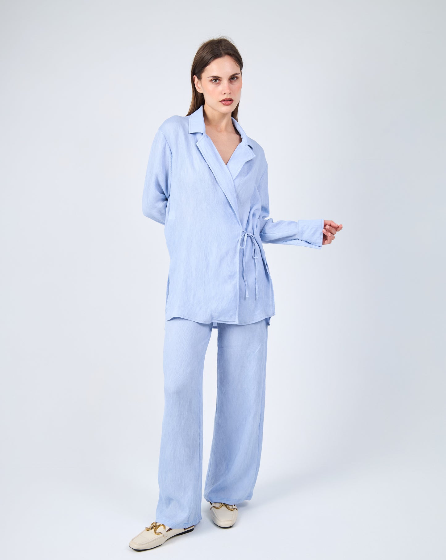 Waist Tie Loose Shacket In Baby Blue