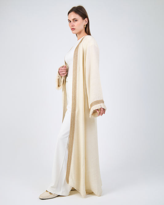 Gold embroidered caftan with tassel sleeves
