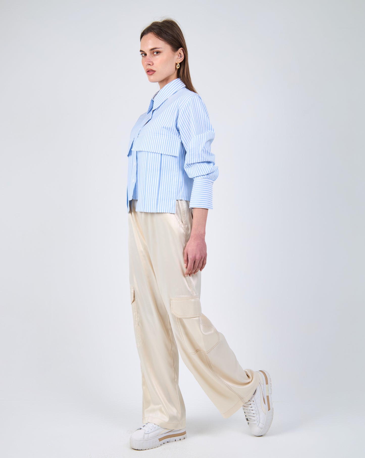 Cropped Striped Shirt In Baby Blue