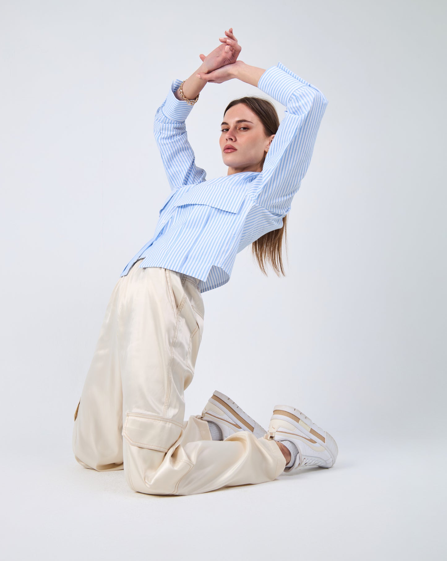 Cropped Striped Shirt In Baby Blue