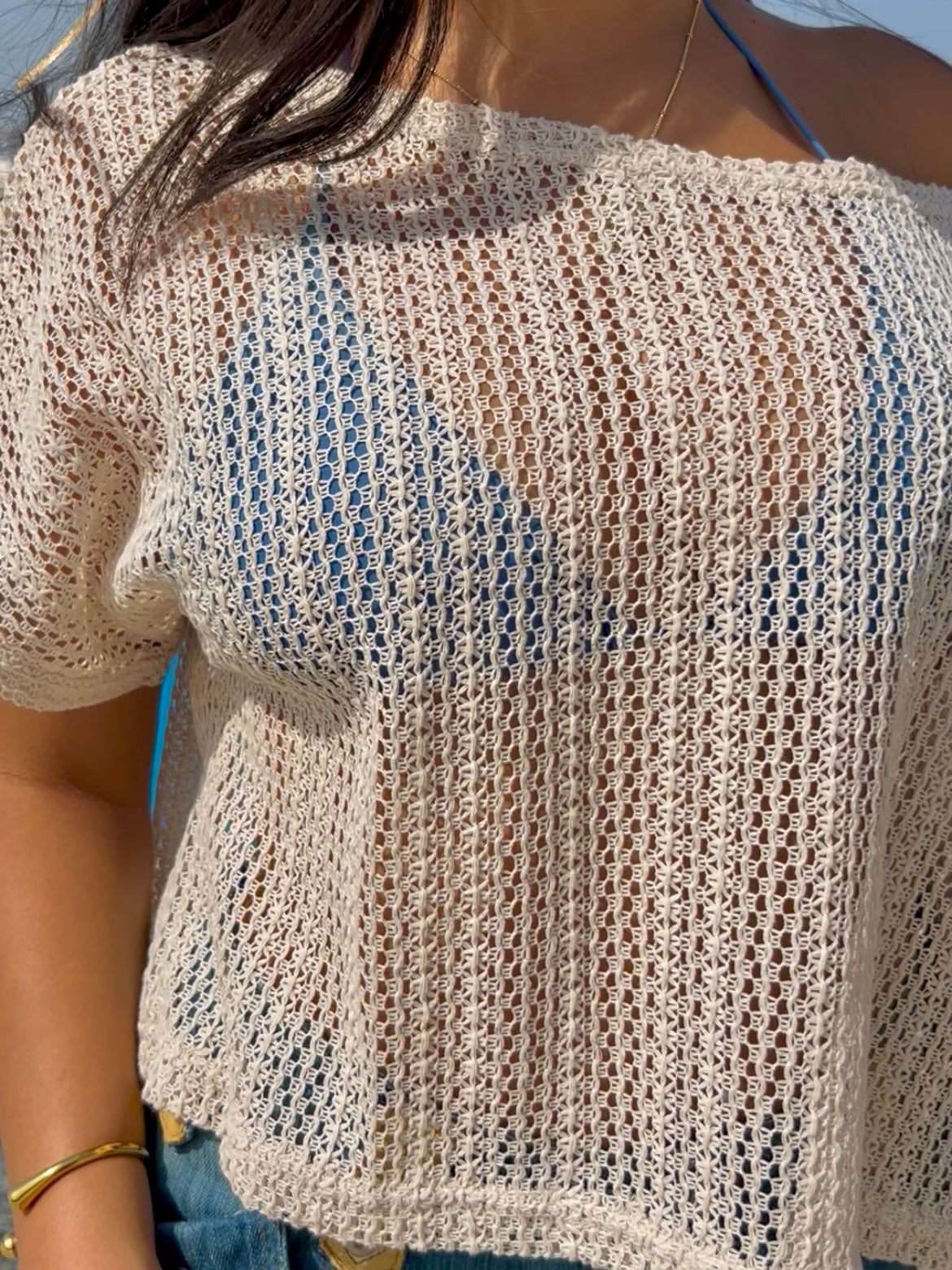 Crochet Knit Top In Beige