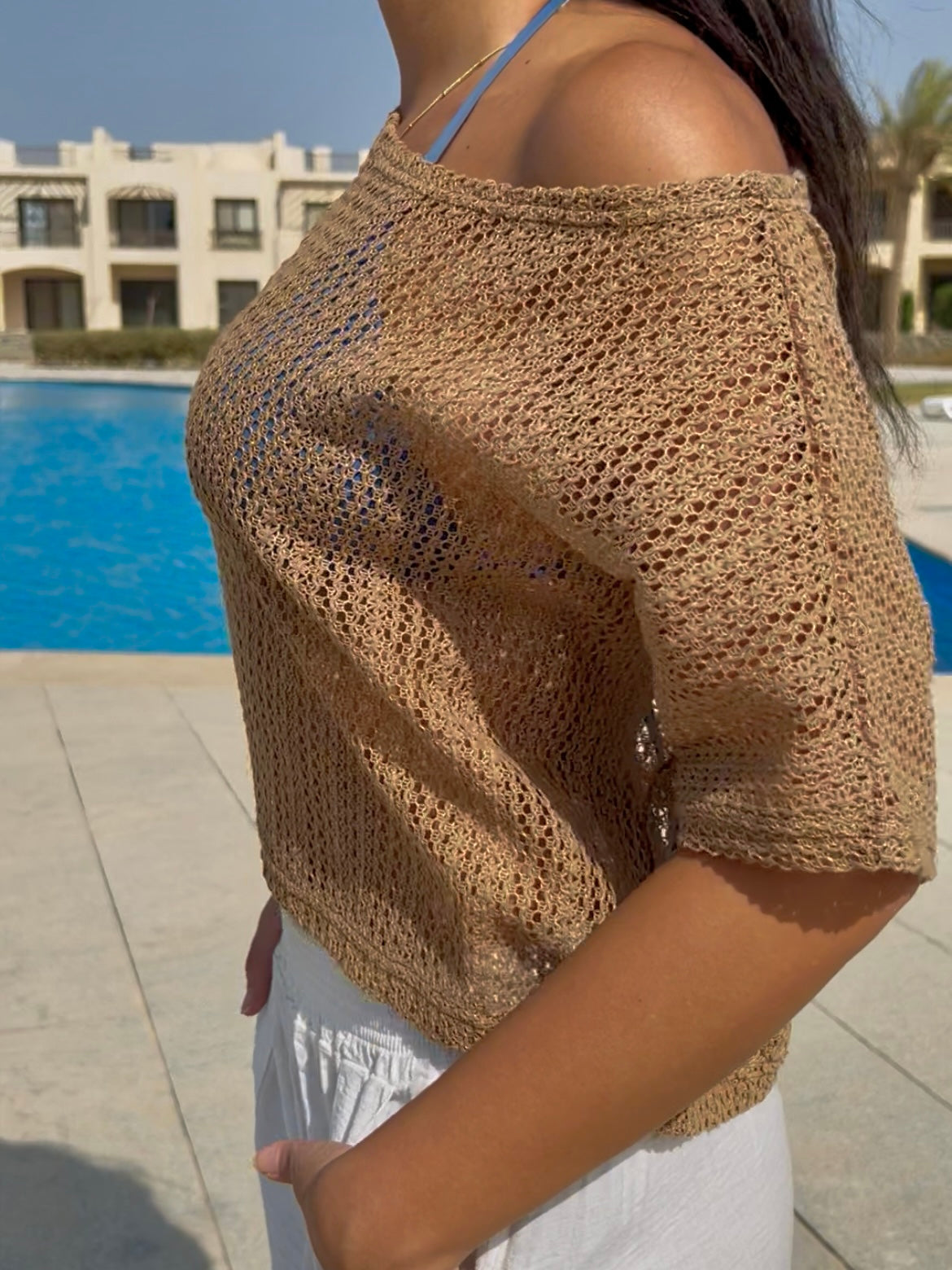 Crochet Knit Top In Brown