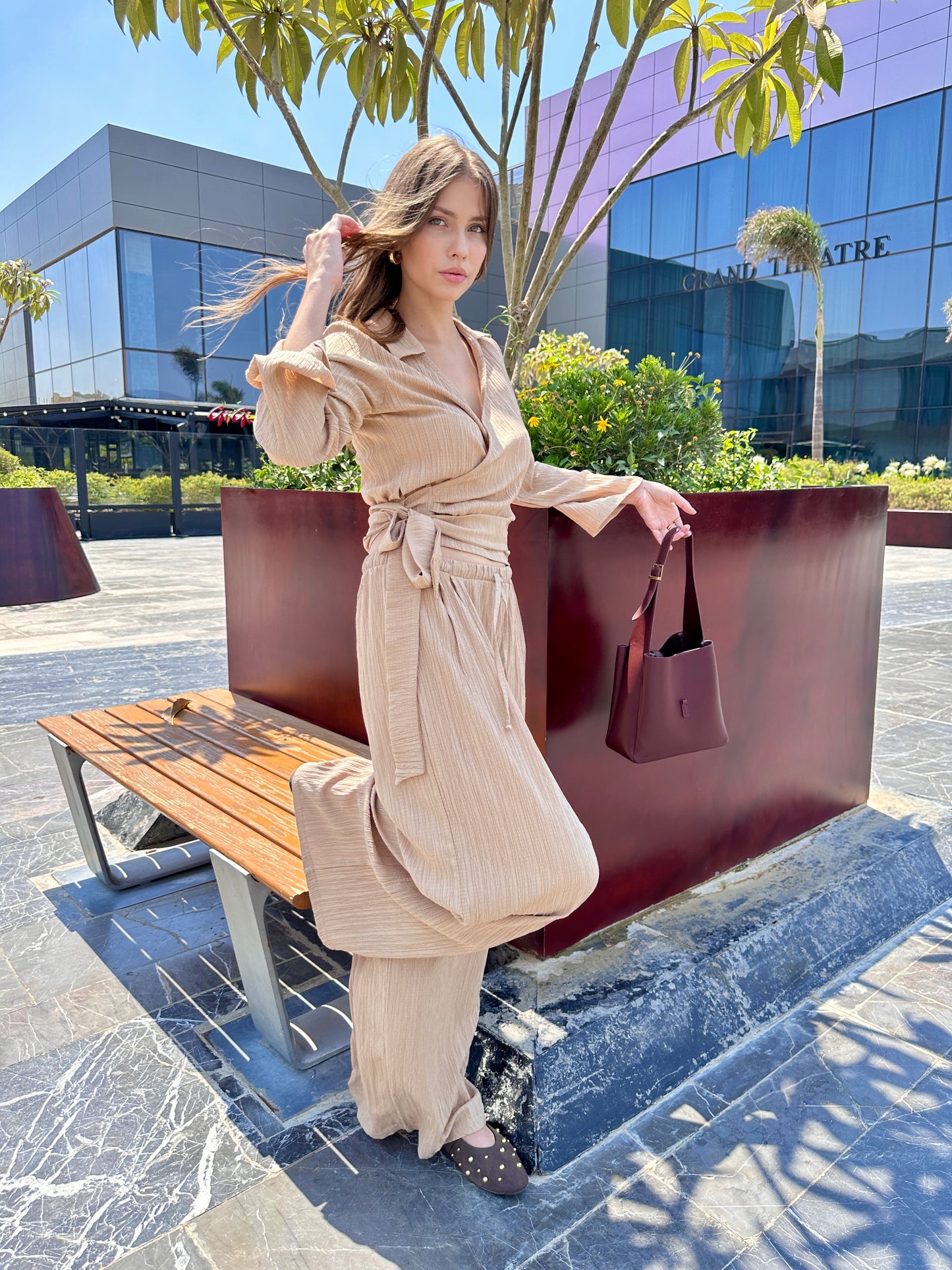 Textured Wide-Leg Pants In Beige