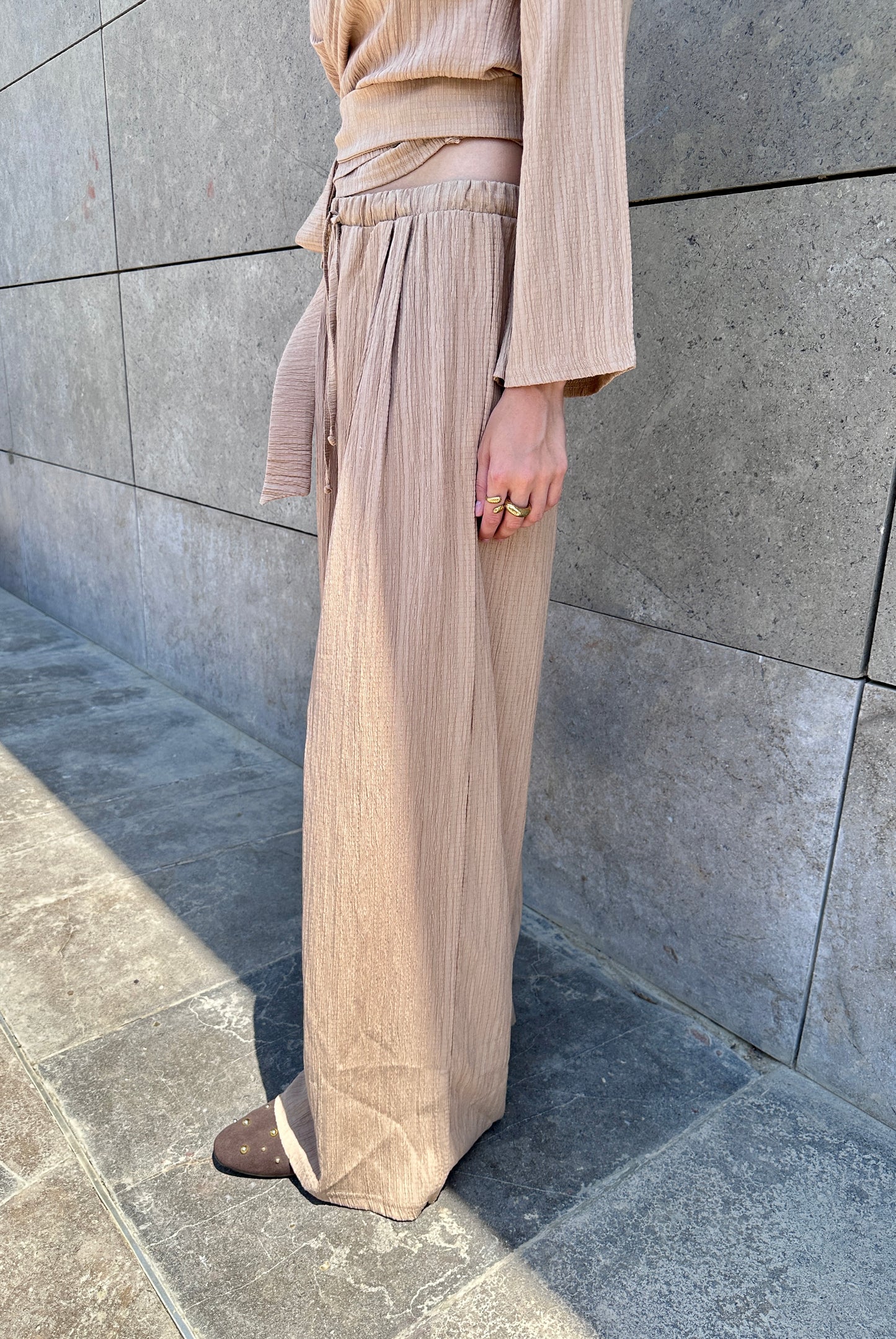 Textured Wide-Leg Pants In Beige