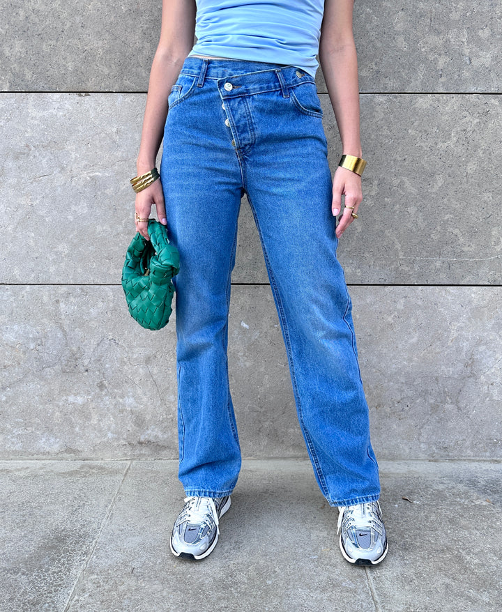 The Twist Button Straight-Leg Denim