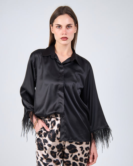 Shirt With Feathers And Wide Sleeves In Black