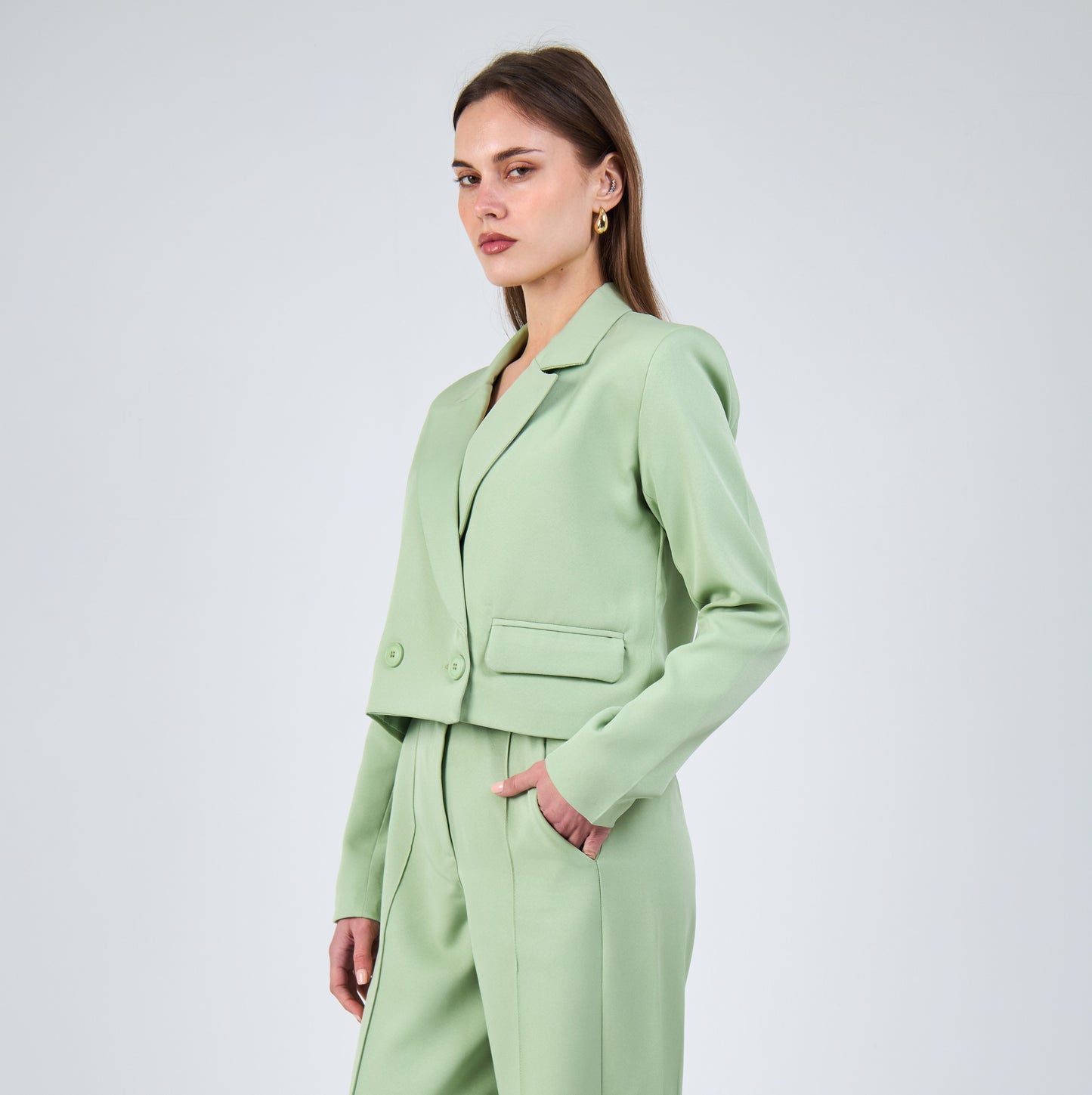 Formal Cropped Blazer With Two Buttons In Mint Green