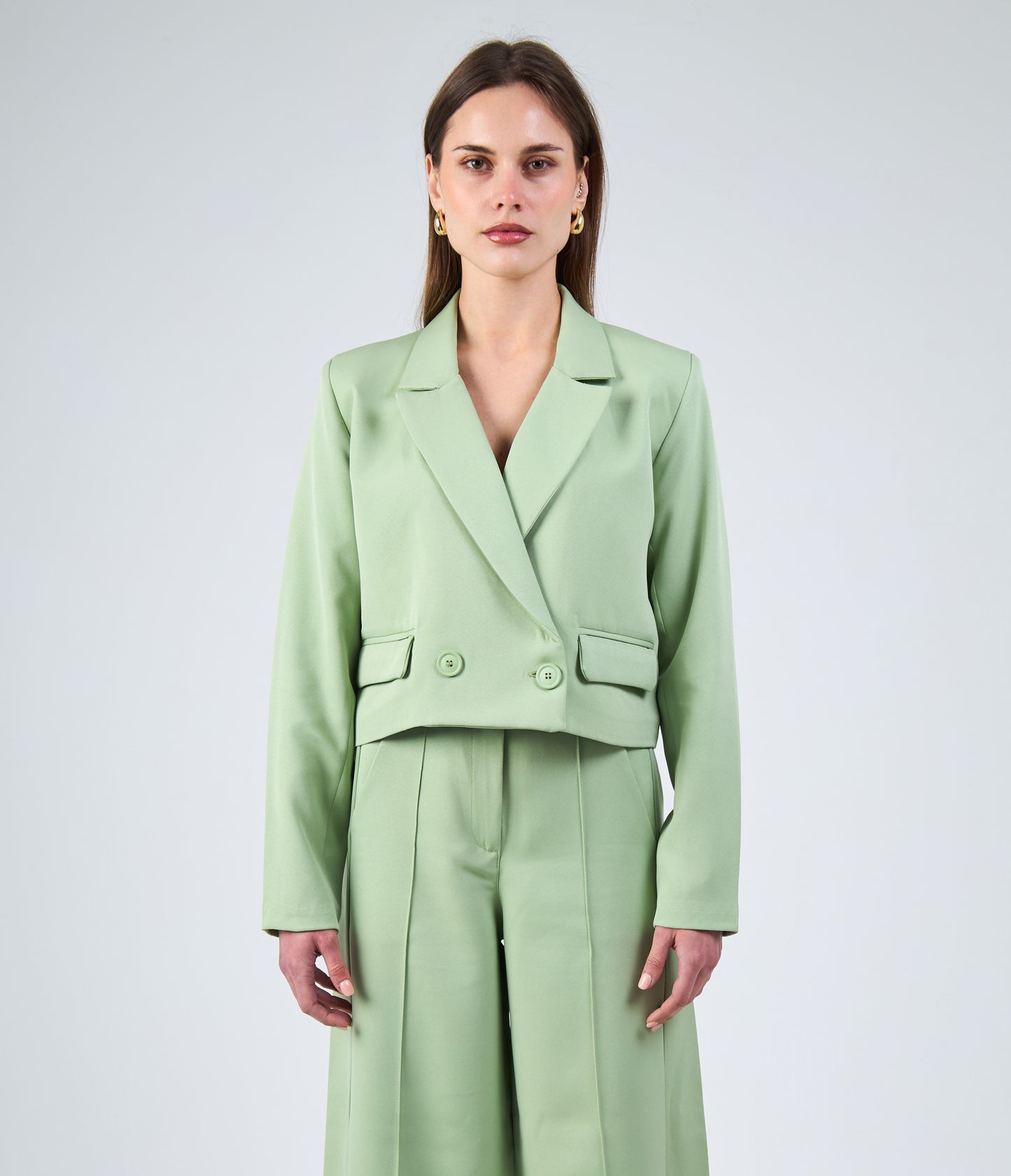 Formal Cropped Blazer With Two Buttons In Mint Green