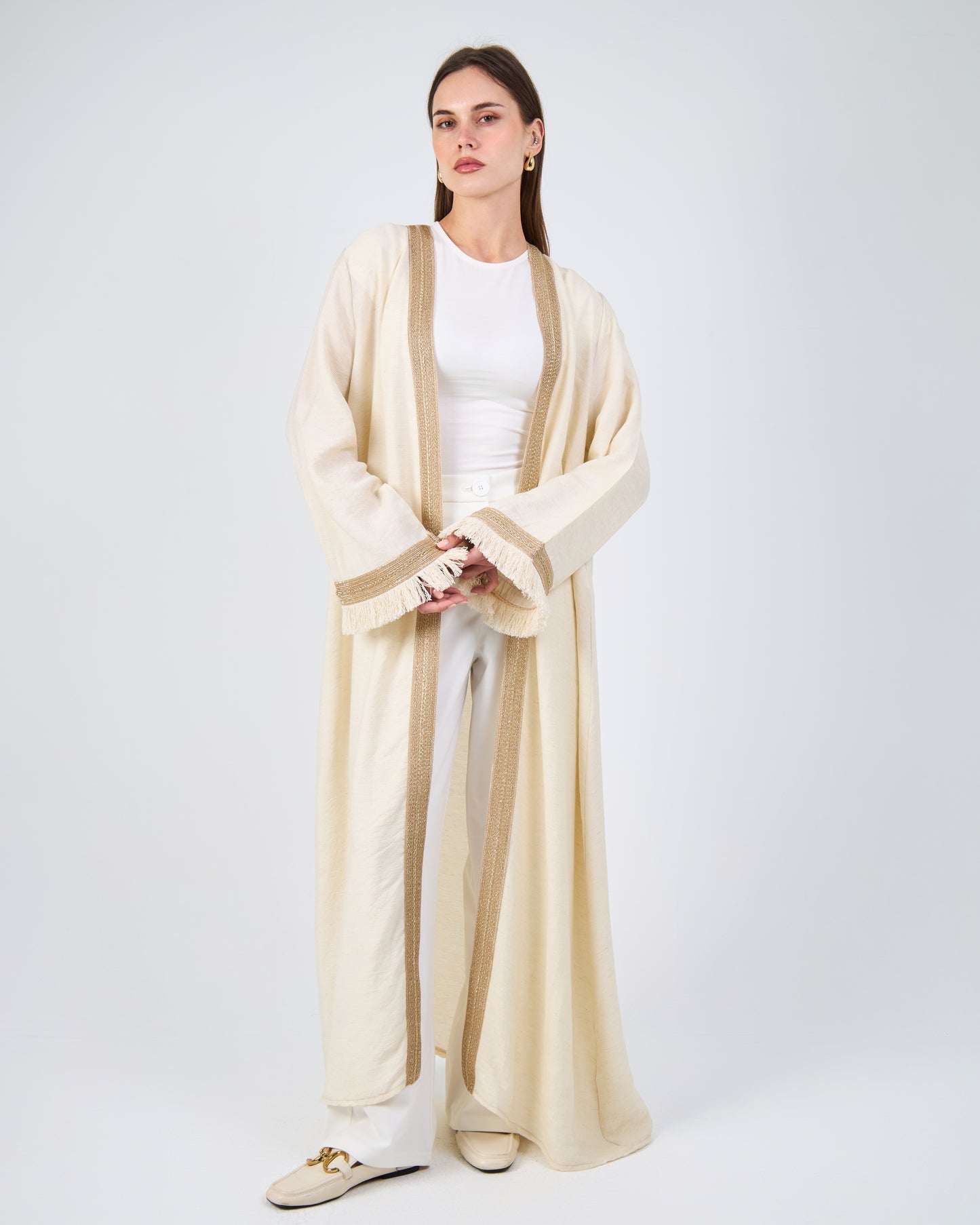 Gold embroidered caftan with tassel sleeves