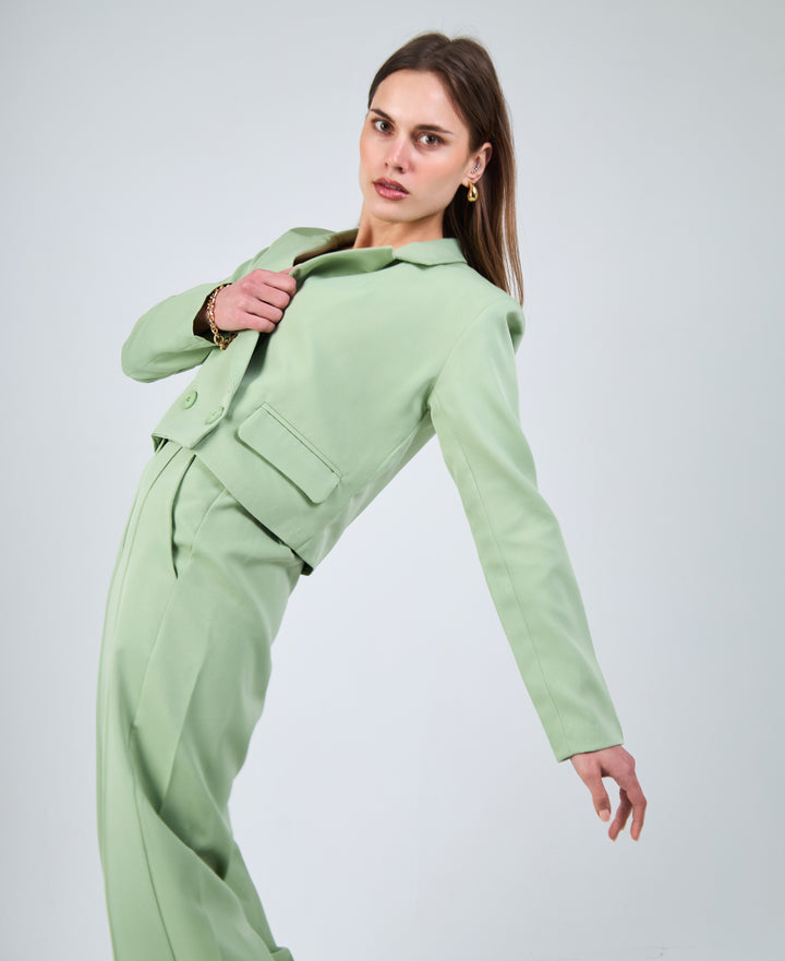 Formal Cropped Blazer With Two Buttons In Mint Green