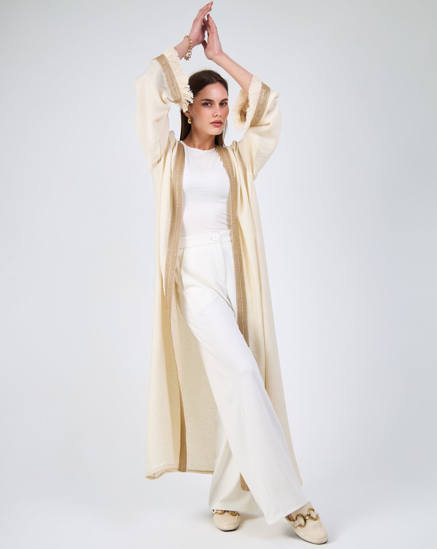 Gold embroidered caftan with tassel sleeves