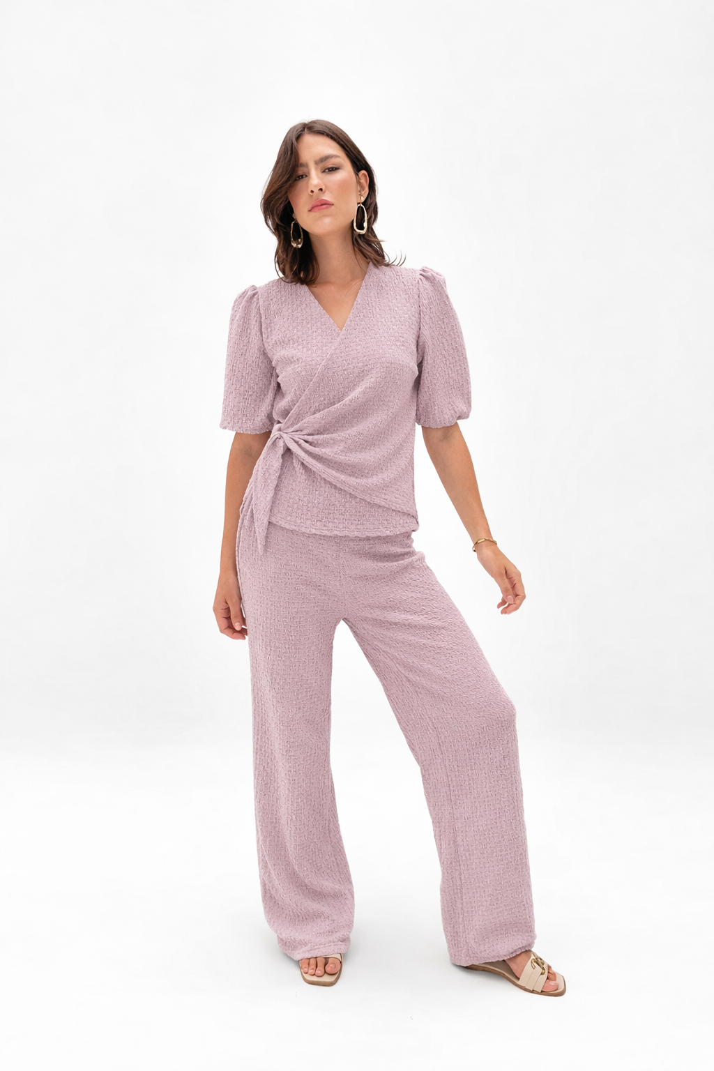 Waffle Wide-Leg Pants In Baby Pink