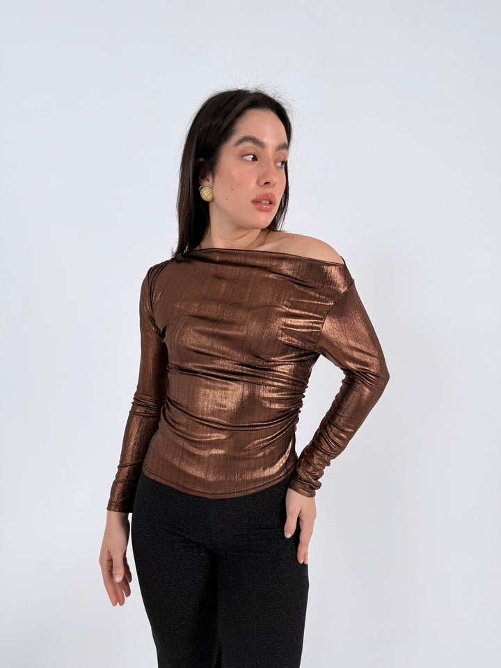 Metalic One-Shoulder Top In Gold