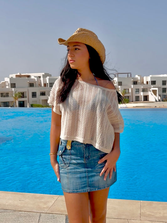 Crochet Knit Top In Beige