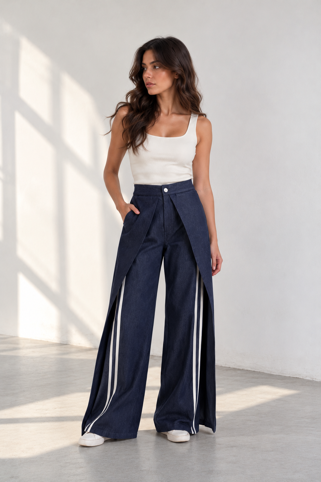 Draped Stripe Denim Pants
