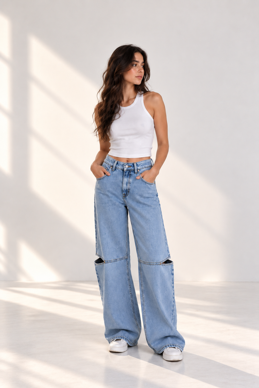 Cut-Out Wide-Leg Jeans