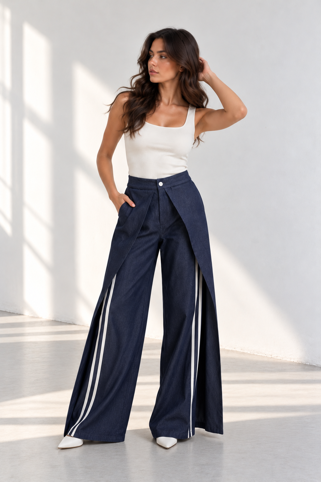 Draped Stripe Denim Pants