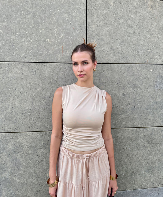 Draped Shoulder Tank In Beige