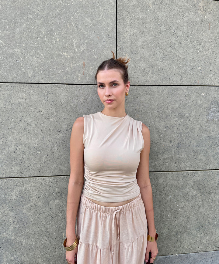 Draped Shoulder Tank In Beige